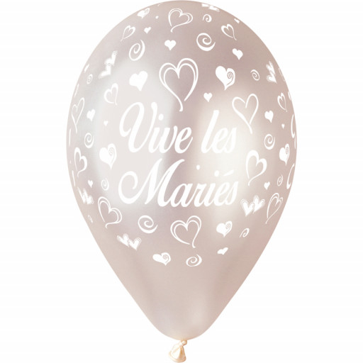 Sachet de 10 Ballons "Vive Les Mariés" Perle Imp Blanc Diam 30cm -28