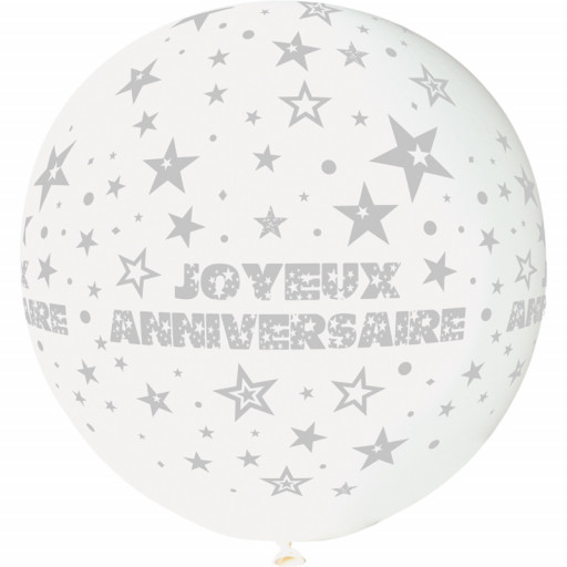 Ballon géant Rond"Joyeux Anniversaire"Blanc Imp Gris Diam 80cm -01