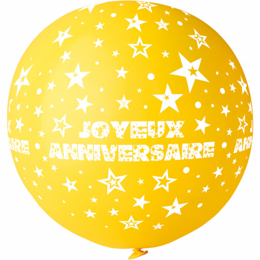 Ballon géant Rond"Joyeux Anniversaire"Jaune Impression Blanc Diam 80