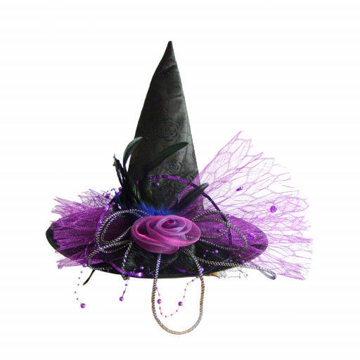 Chapeau de Sorcière Luxe 45cm avec Fleur et Tulle Violet