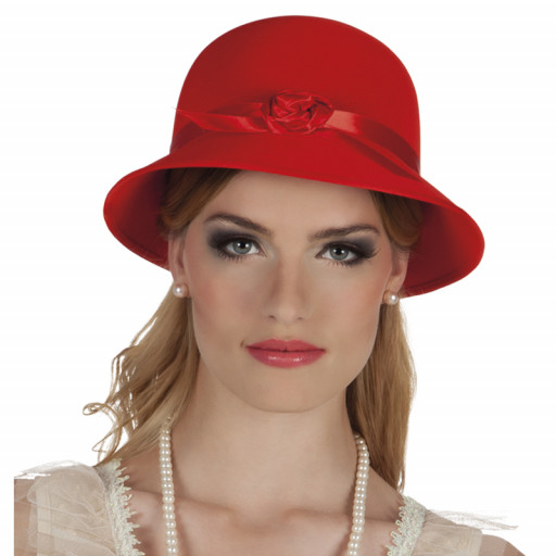 Chapeau Charleston Rouge avec Ruban et 1 Rose - 56cm