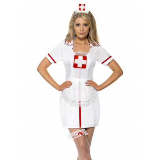 Set D'infirmière Blanc et Rouge (Tablier + Coiffe + Jarretière)