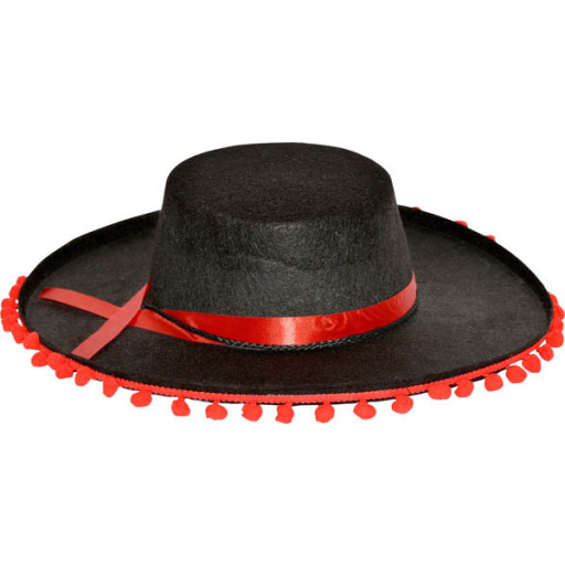 Espagnol Adulte Noir avec Pompoms Rouge