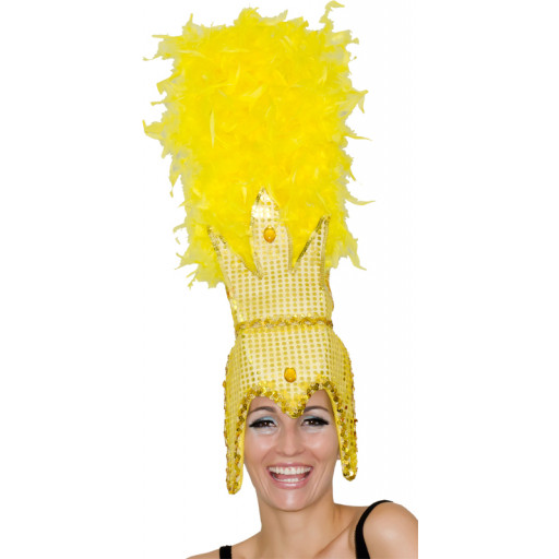 Coiffe Cabaret Paillettes et Boa Or Plume Jaune