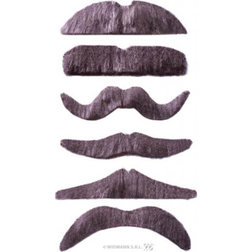 Pack de 12 Moustaches 6 Modèles Assortis Gris - Auto Adhesives