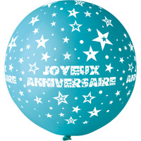 Ballon géant Rond"Joyeux Anniversaire" Turquoise Imp Blanc D 80Cm -68 123DEG-8021886310535-10002255