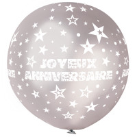 Ballon géant Rond"Joyeux Anniversaire"Argent Imp Blanc Diam 80cm -38 123DEG-8021886310429-10002244